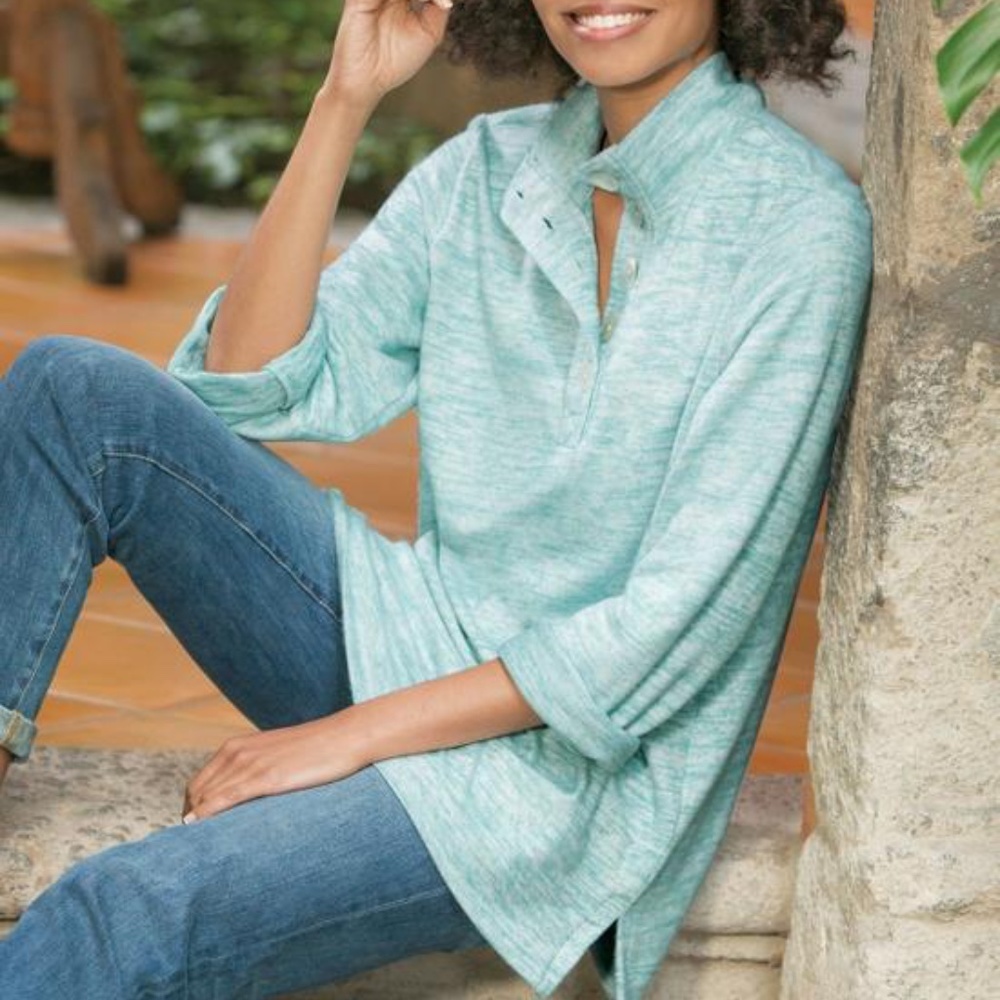 Soft Surroundings | “Touchable Tunic” Pullover Button Sweater in Aqua Blue